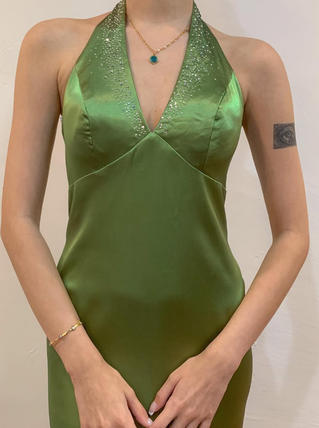 Vintage Mermaid V Neck Rhinestone Green Satin Open Back Prom Dress Evening Dress DP1754