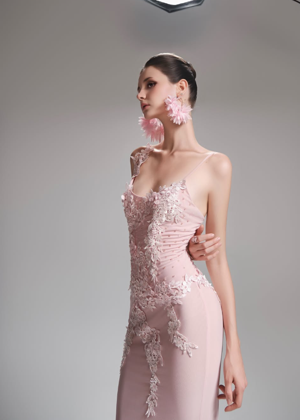 Elegant Pink Sheath Spaghetti Strap Lace Appliques Tulle Prom Dress Evening Dress DP6139