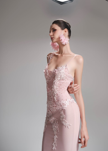 Elegant Pink Sheath Spaghetti Strap Lace Appliques Tulle Prom Dress Evening Dress DP6139