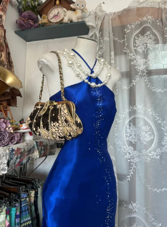 Vintage Blue Mermaid Long Prom Dresses Beaded Satin Evening Dresses Birthday Dresses DP4597
