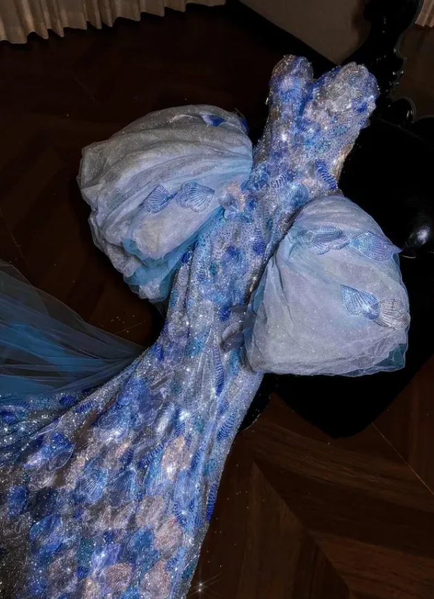 Blue Mermaid Sweetheart Neck Exquisite Rhinestone Layered Sequin Tulle Long Prom Dress DP4637