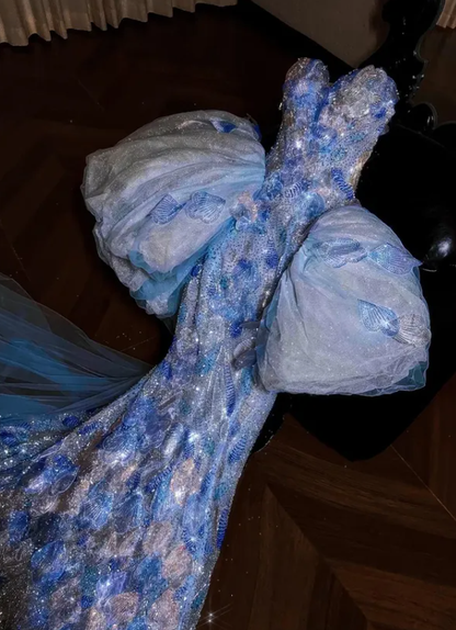 Blue Mermaid Sweetheart Neck Exquisite Rhinestone Layered Sequin Tulle Long Prom Dress DP4637