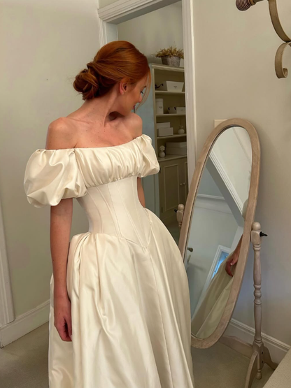 White Simple Elegant A Line Off the Shoulder Satin Long Wedding Dress DP4901