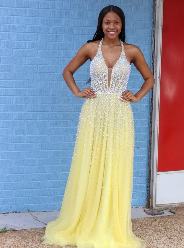 Princess Yellow A Line V Neck Peal Tulle Long Prom Dress Evening Dress DP6259