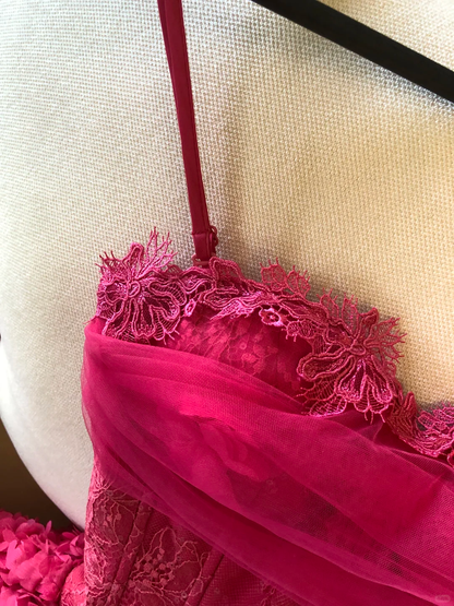 Hot Pink A Line Lace Floral Tulle Short Prom Dress Homecoming Dress DP6387