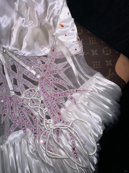 Vintage A Line Spaghetti Strap Beaded Silver Satin Long Prom Dress DP4422