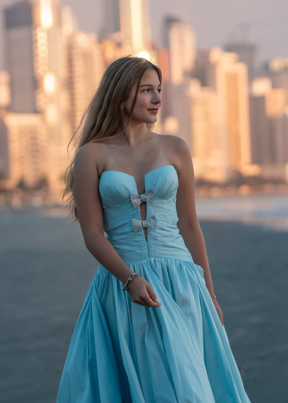 Baby Blue A Line Strapless Satin Long Prom Dress Evening Dress DP6226