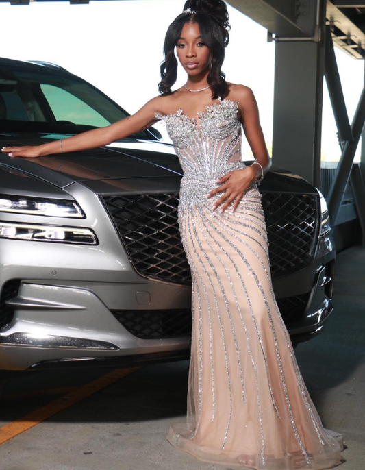 Gentle Light Pink Mermaid Strapless Beaded Silver Sequin Tulle Long Prom Dress DP5059