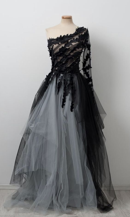 Chic One Shoulder Black And Gray Tulle Lace Long Prom Dress Formal Evening Dress DP329