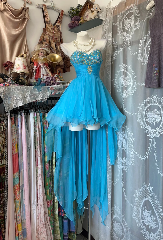 Vintage Blue A Line Sweetheart Neck Beaded Chiffon Short Homecoming Dress DP4861