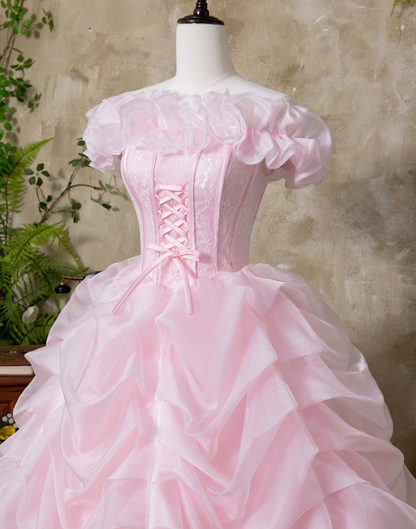 Pink Ball Gown Off the Shoulder Layered Lace Organza Prom Dress 16th Birthday Dress DP3565