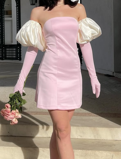 Simple Pink Sheath Strapless Satin Short Cute Homecoming Dress DP4444