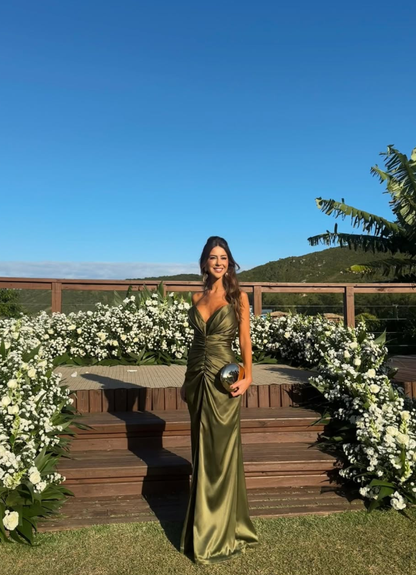 Beautiful Olive Green A Line Sweetheart Neck Pleated Satin Long Prom Dress Evening Dress DP6219
