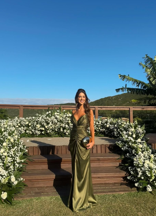 Beautiful Olive Green A Line Sweetheart Neck Pleated Satin Long Prom Dress Evening Dress DP6219