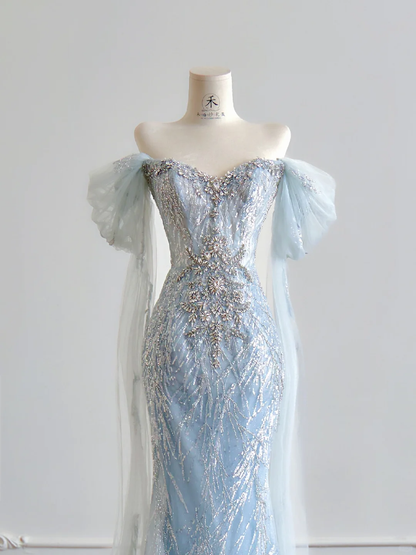 Baby Blue Mermaid Off the Shoulder Rhinestone Sequin Tulle Prom Dress 16th Birthday Dress DP3875