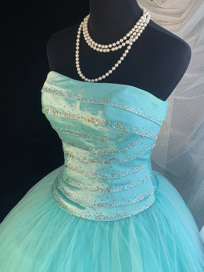 Vintage Ball Gown Strapless Beaded Layered Blue Tulle Satin Prom Dress 18th Birthday Dress DP4153