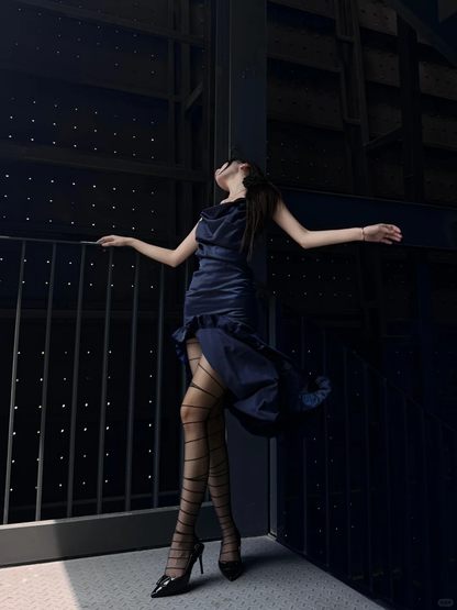 Sexy Navy Blue Sheath Halter Pleated Satin Prom Dress with Slit DP3845