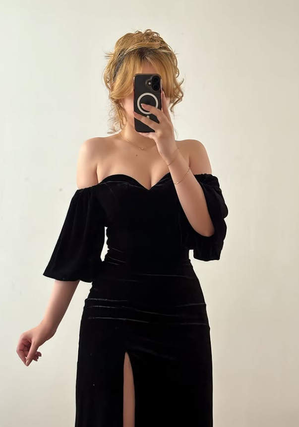 Classic Black A Line Puff Sleeve Velevt Prom Dress Evening Dress DP6426