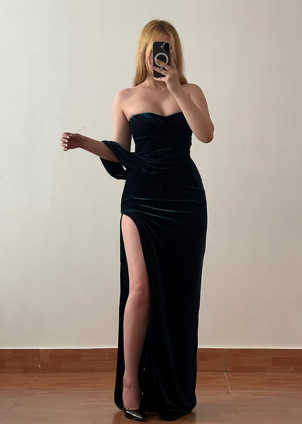 Unique Sheath One Shoulder Velvet Slit Long Prom Dress Evening Dress DP6439