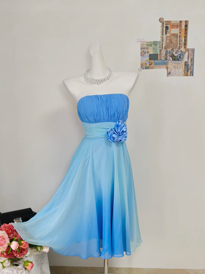 Vintage A Line Strapless Blue Ombre Chiffon Short Homecoming Dress Outfits DP5012