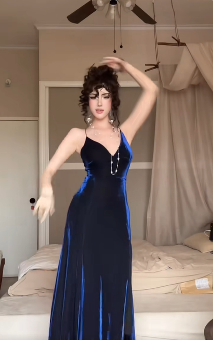 Navy Blue Mermaid Spaghetti Strap Velvet Prom Dress with Slit DP4363