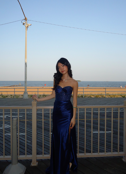 Navy Blue Mermaid Sweetheart Neck Beaded Satin Prom Dress Evening Dress with Slit DP3463