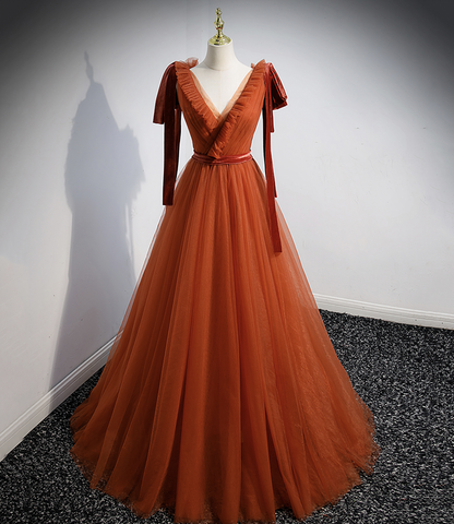 Simple V Neck Tulle Long Prom Dress A Line Evening Dress DP455