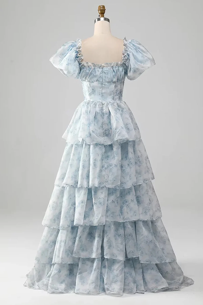 Light Blue Chiffon Floral Layers Long Party Dress Evening Dress Formal Prom Dress DP288