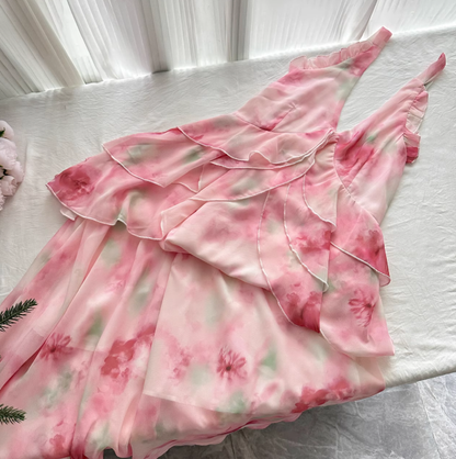 Pink A Line Halter Print Floral Layered Chiffon Vacation Dress Prom Dress Outfits DP3555