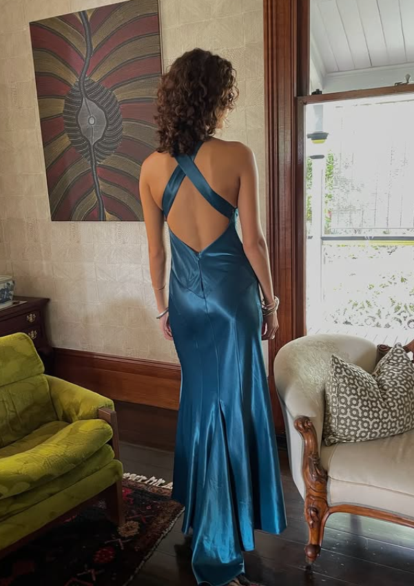Sexy Blue Sheath Strap Satin Open Back Prom Dress Evening Dress DP5504
