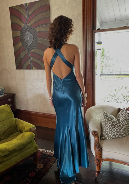 Sexy Blue Sheath Strap Satin Open Back Prom Dress Evening Dress DP5504