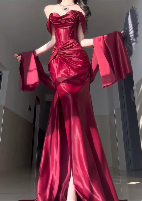 Elegant Burgundy Mermaid Off the Shoulder Satin Slit Prom Dress Graduation Ball Gown DP4561