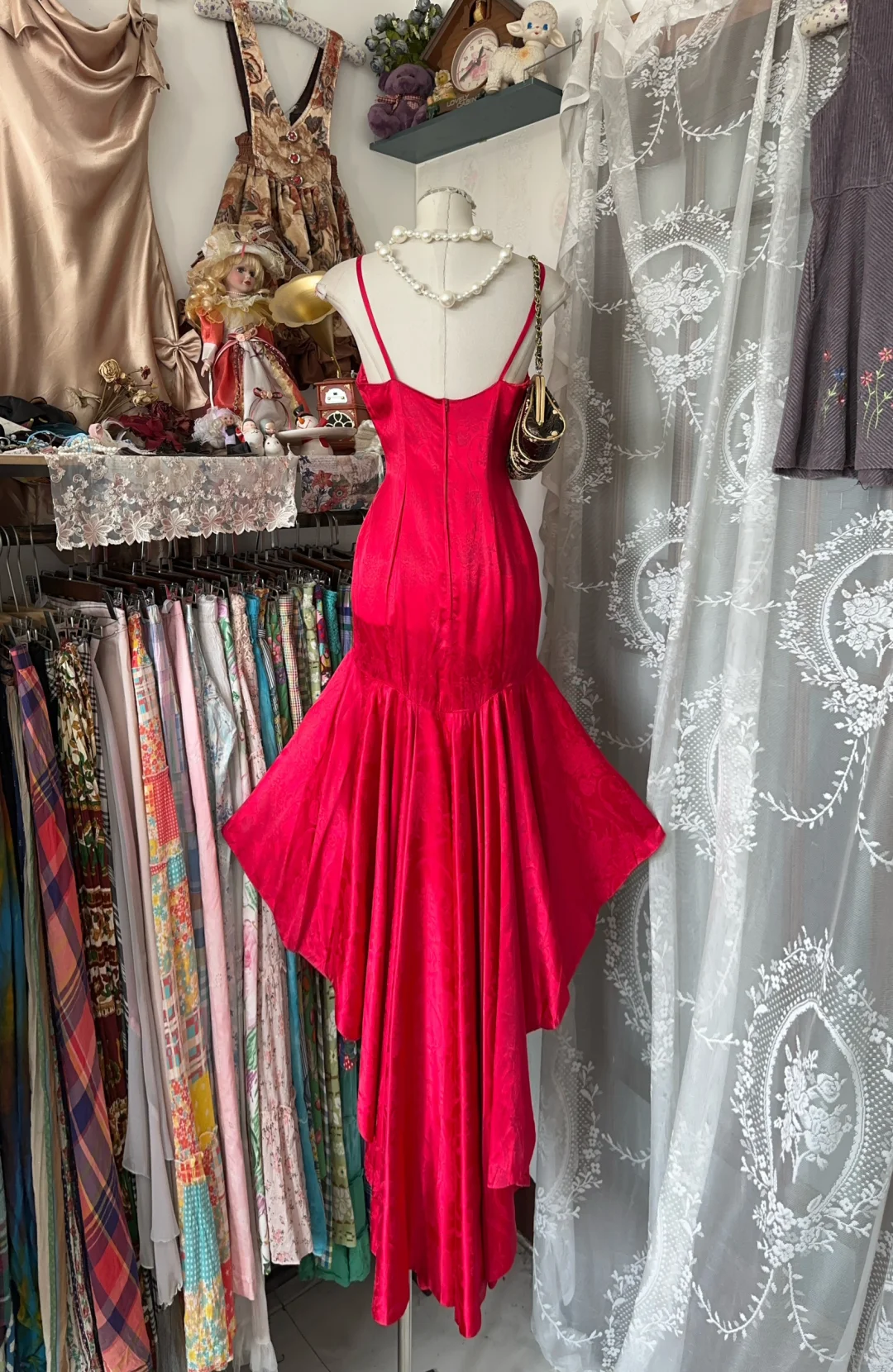 Red Vintage Mermaid Spaghetti Strap Ruffle Satin Prom Dress DP4849