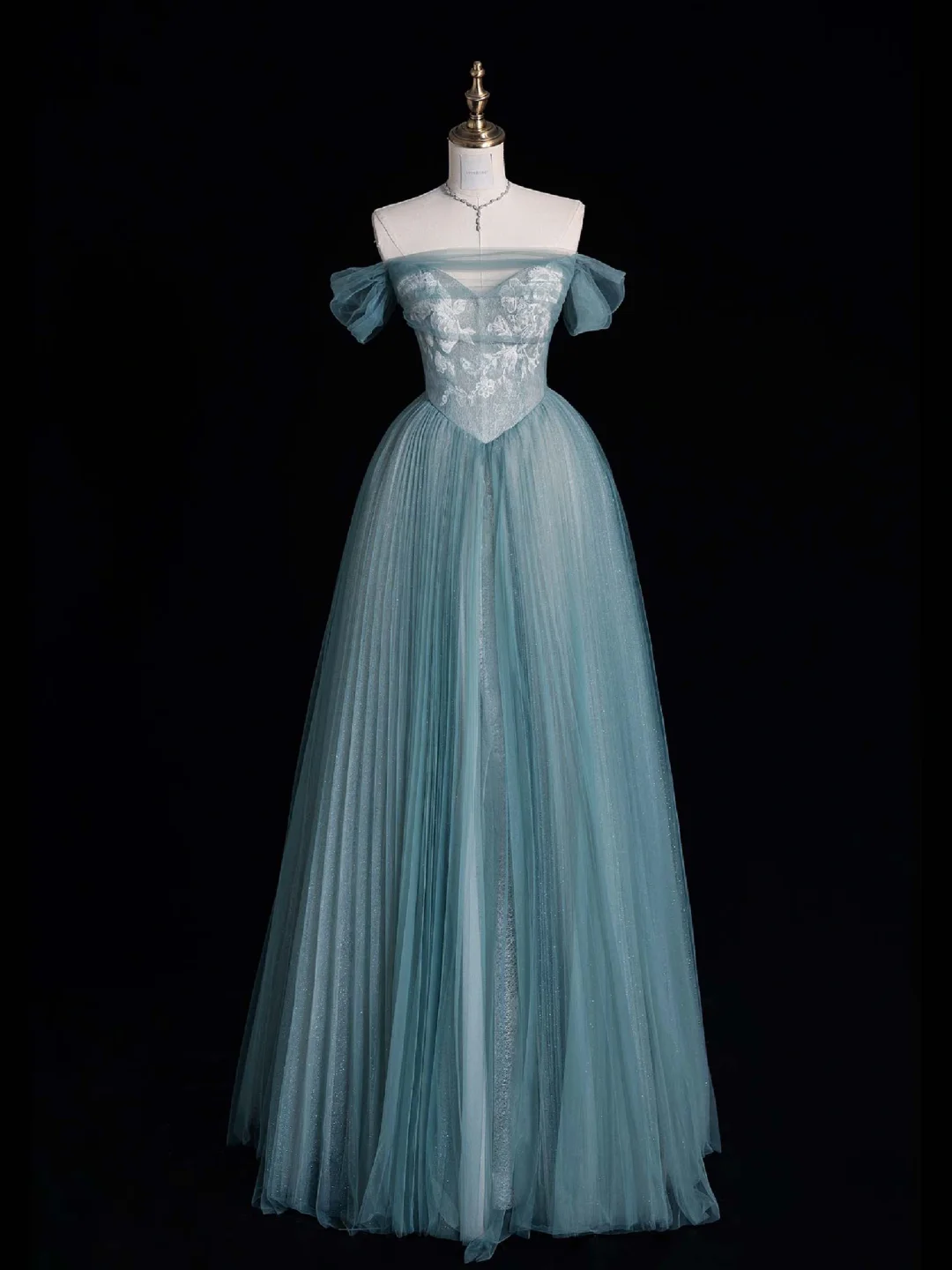Elegant A Line Off the Shoulder Lace Blue Tulle Prom Dress Evening Dress DP1952