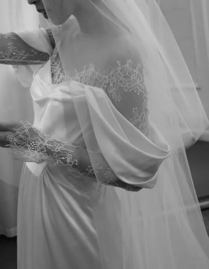 Classic A Line Off the Shoulder Lace White Satin Wedding Dress with Slit DP4356