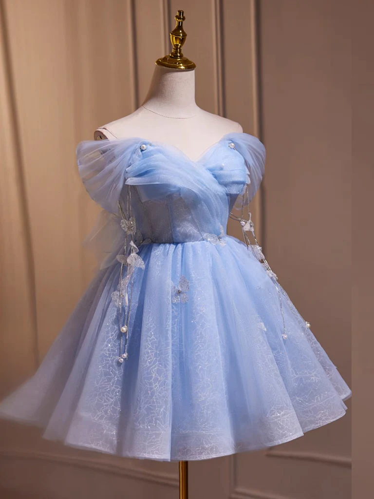 Fairy Off Shoulder Tulle Short Blue Prom Dress Homecoming Dress DP032