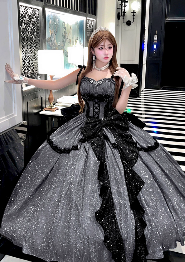 Stunning Black Bow A Line Sequin Lolita Goth Boning Dress Prom Dress DP4506