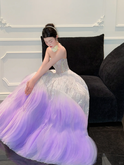 Stunning Ball Strapless Sequin Purple Tulle Long Prom Dress Party Dress DP4291