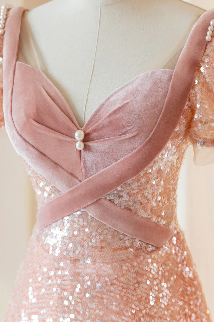 Fairy Sequin A Line Short Sleeves Long Prom Dress DP265