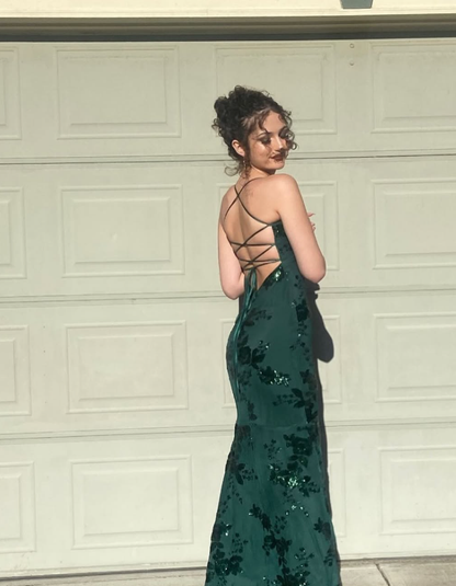 Shiny Green Sequin Mermaid Spaghetti Strap Chiffon Long Party Dress Evening Dress DP3015