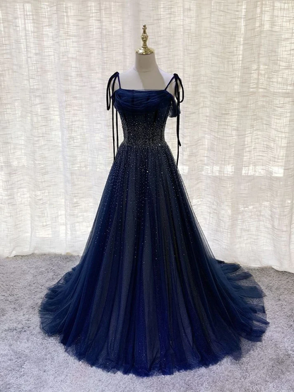 Charming Navy Blue Tulle Beaded Long Prom Dress Evening Dress Ball Gown Quinceanera Dress DP057