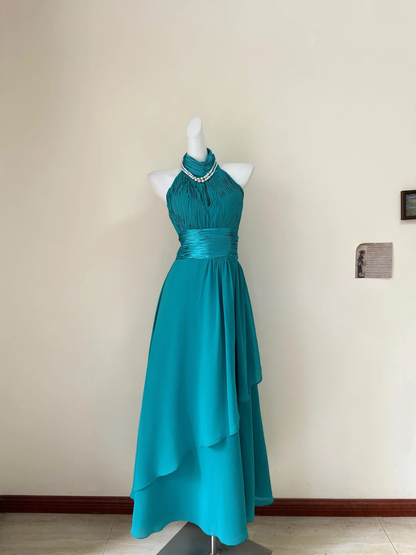Vintage A Line Halter Lake Blue Elegant Chiffon Prom Dress Outfits DP5015