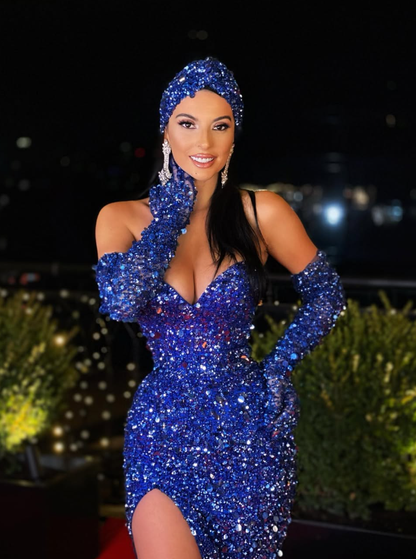 Sexy Royal Blue Sheath Sweetheart Neck Sequin Prom Dress Evening Dress with Slit DP5598
