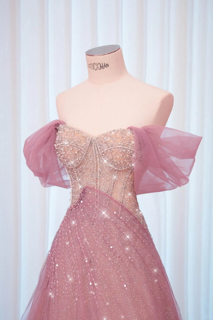 Elegant A Line Beaded Pink Tulle Long Date Dress Prom Dress Evening Dress DP3430
