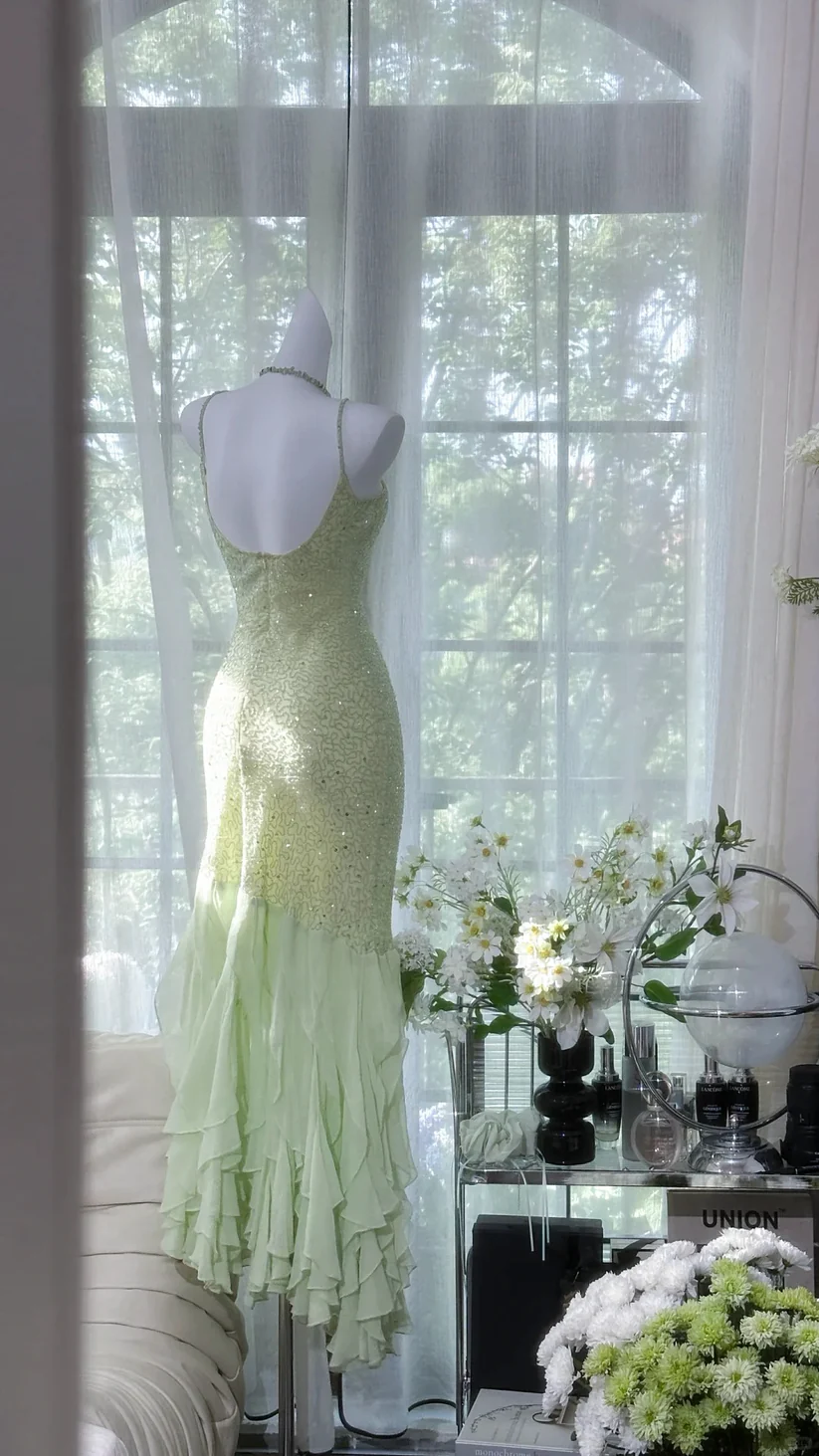 Exquisite Beaded Light Green Mermaid Ruffle Chiffon Prom Dress Date Dress Evening Dress DP2905