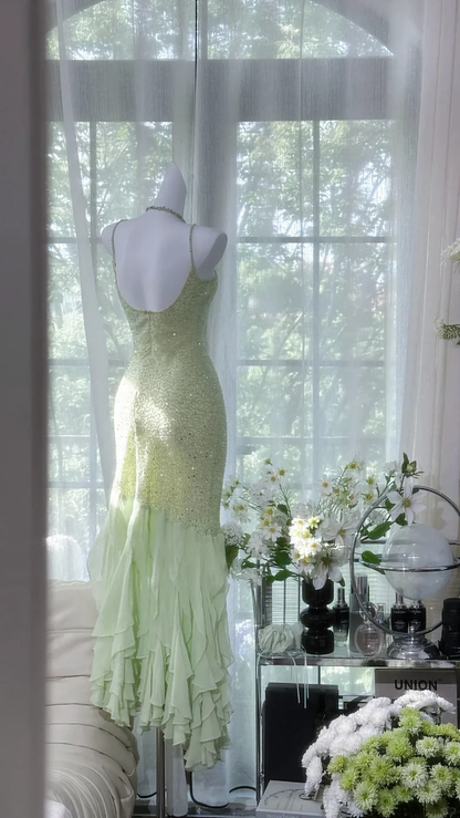 Exquisite Beaded Light Green Mermaid Ruffle Chiffon Prom Dress Date Dress Evening Dress DP2905
