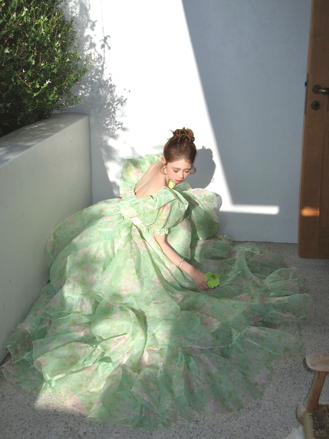 Green Ball Gown Puff Print Floral Ruffle Chiffon Long Party Dress Birthday Dress DP2418