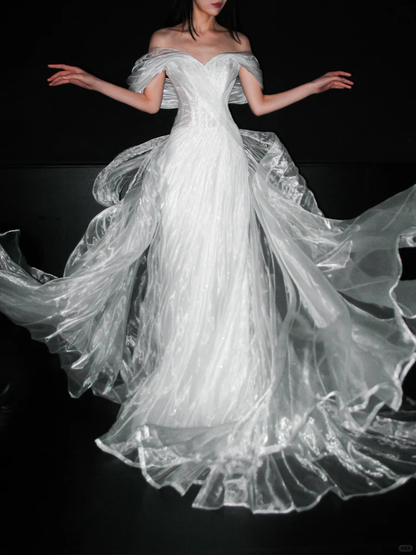 Flowy Unique A Line Off the Shoulder White Organza Wedding Dress DP5301