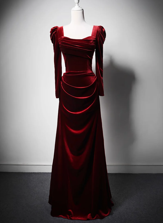 Burgundy Long Sleeves Velvet Long Prom Dress Party Dress Bridesmaid Dress DP632