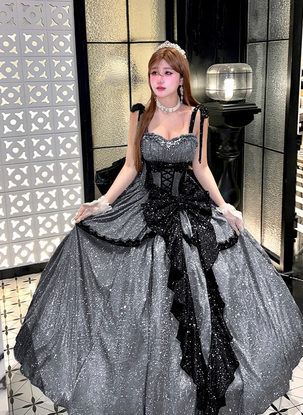 Stunning Black Bow A Line Sequin Lolita Goth Boning Dress Prom Dress DP4506